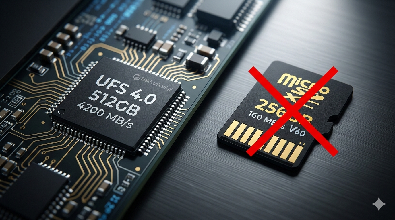 Porównanie wlutowanego chipu pamięci UFS 4.0 (szybkość 4200 MB/s) z kartą microSD (V60 160 MB/s) na płycie głównej smartfona – Elektroniczni.pl.